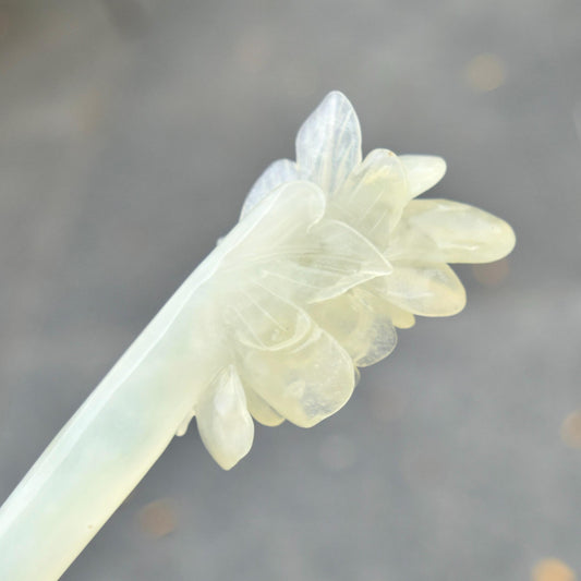 Green Icy Peony Carved Hairpin - Serpentine Jade Hair Stick