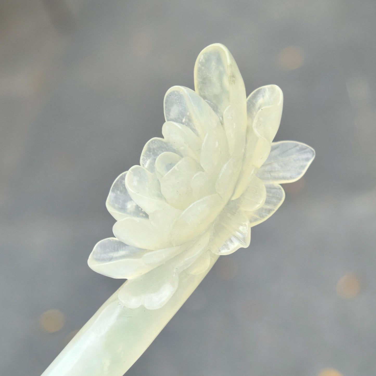 Green Icy Peony Carved Hairpin - Serpentine Jade Hair Stick