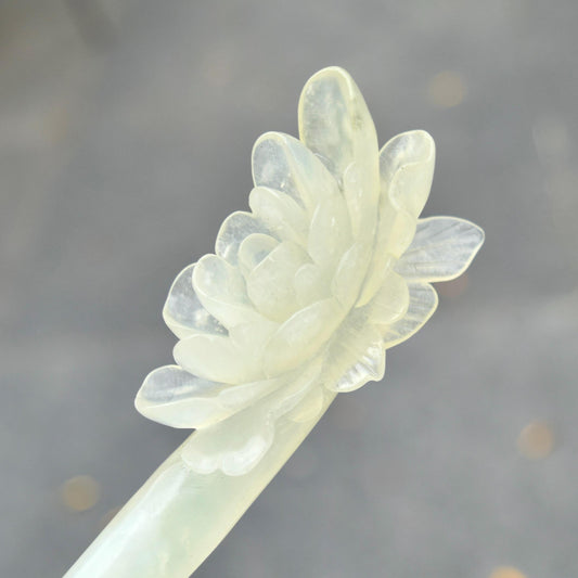 Green Icy Peony Carved Hairpin - Serpentine Jade Hair Stick