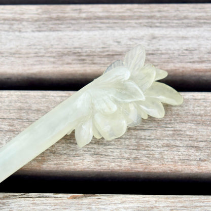 Green Icy Peony Carved Hairpin - Serpentine Jade Hair Stick