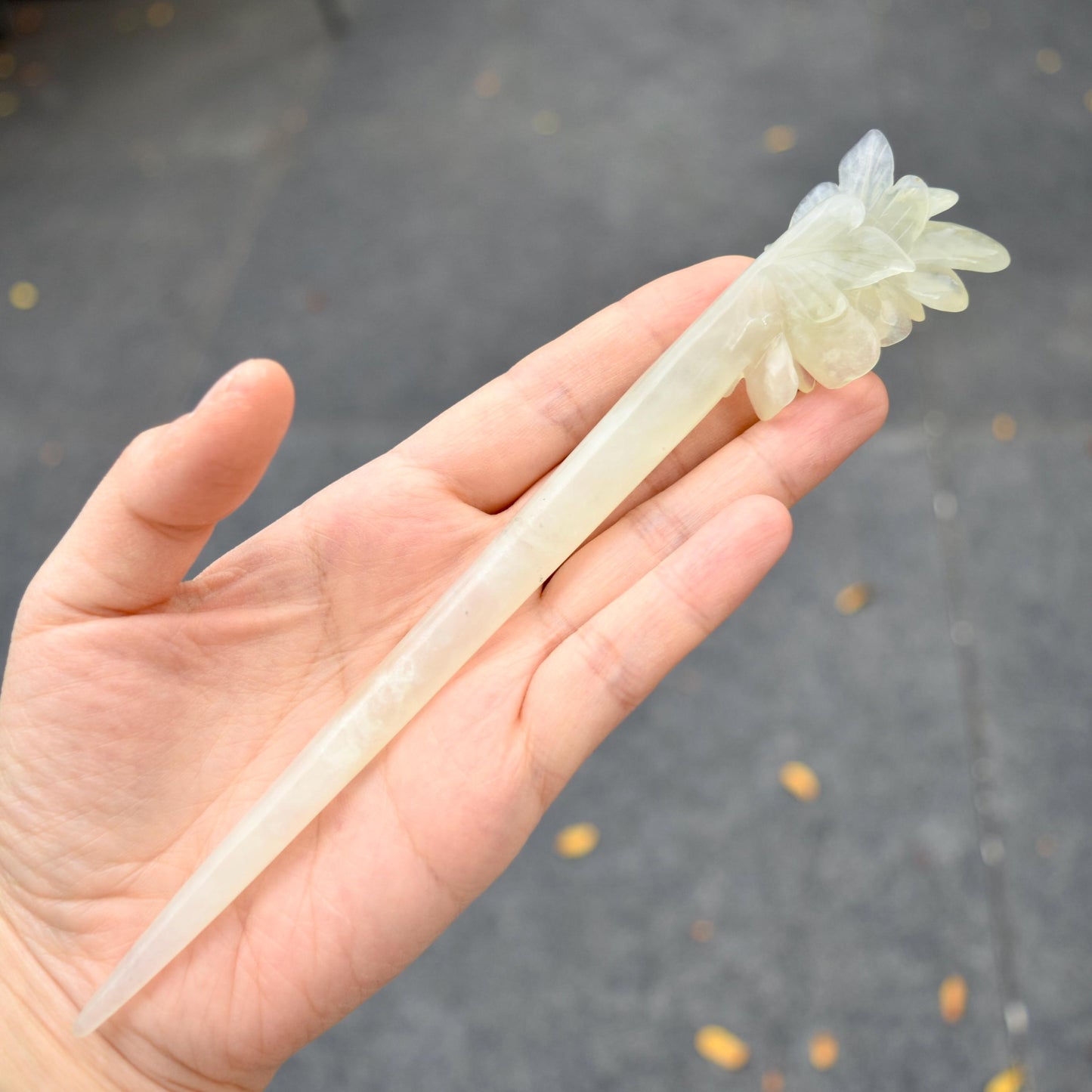 Green Icy Peony Carved Hairpin - Serpentine Jade Hair Stick