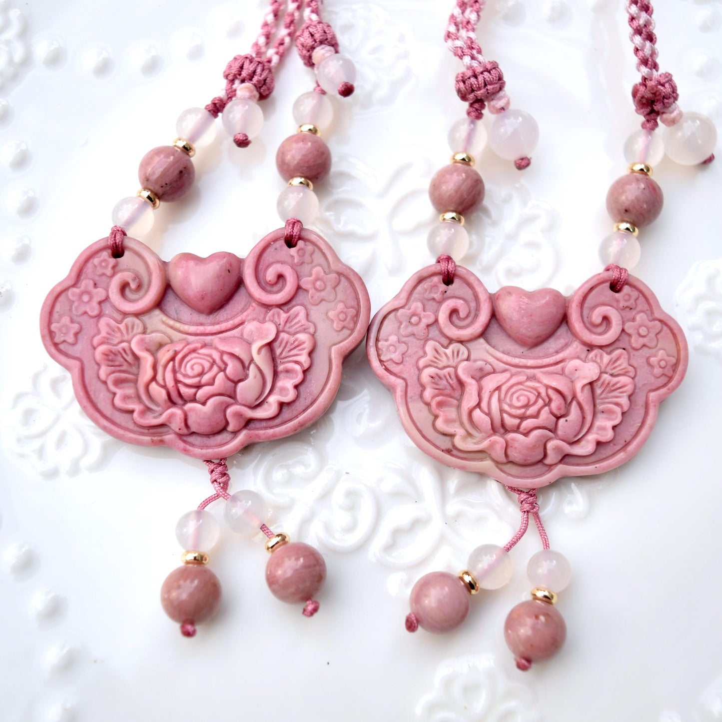 Pink Peony Lock Pendant Rope Necklace - Pink Jasper