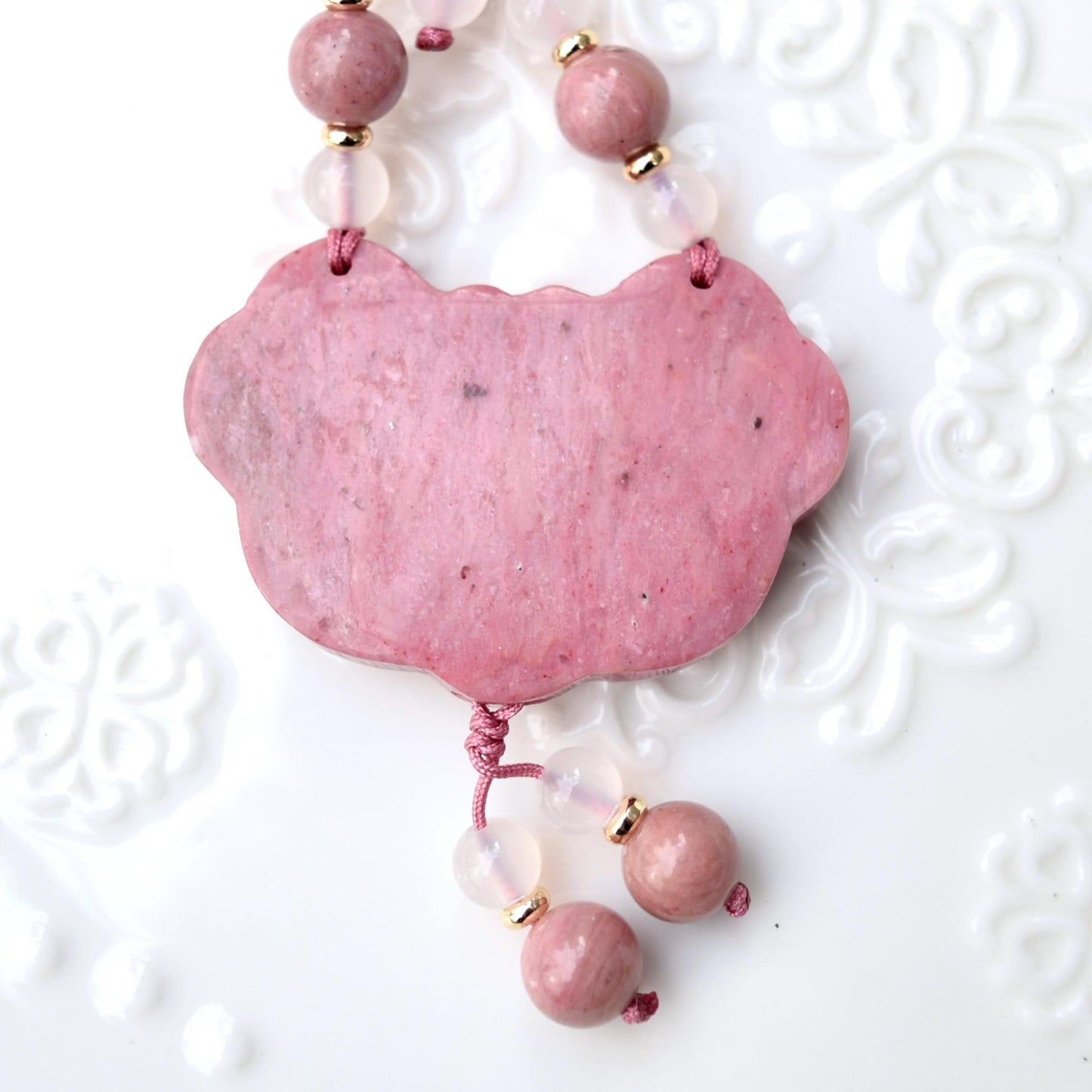 Pink Peony Lock Pendant Rope Necklace - Pink Jasper