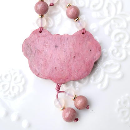 Pink Peony Lock Pendant Rope Necklace - Pink Jasper
