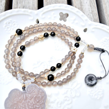Gray Agate Flora Lock Pendant Beaded Necklace