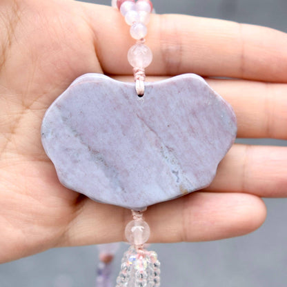 Purple Ocean Jasper Flora Lock Pendant - Rose Quartz Long Necklace