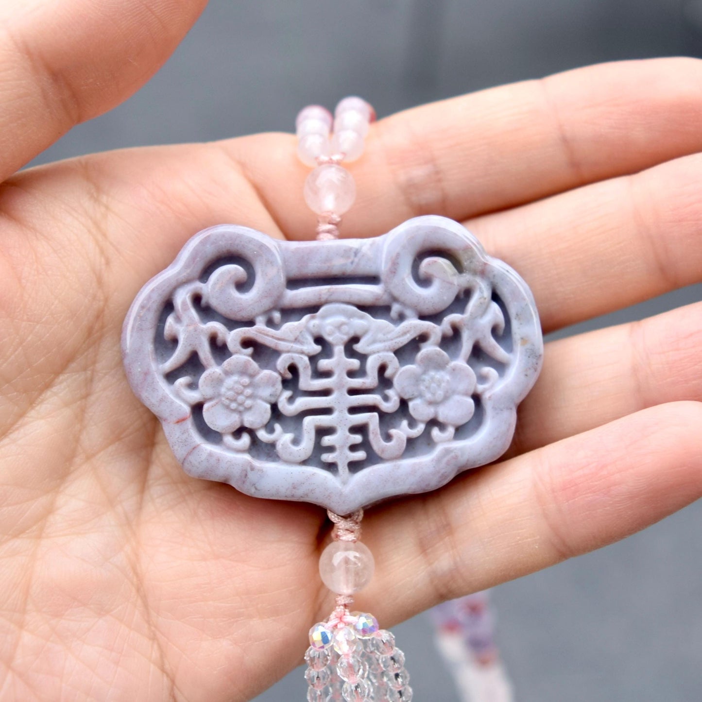 Purple Ocean Jasper Flora Lock Pendant - Rose Quartz Long Necklace