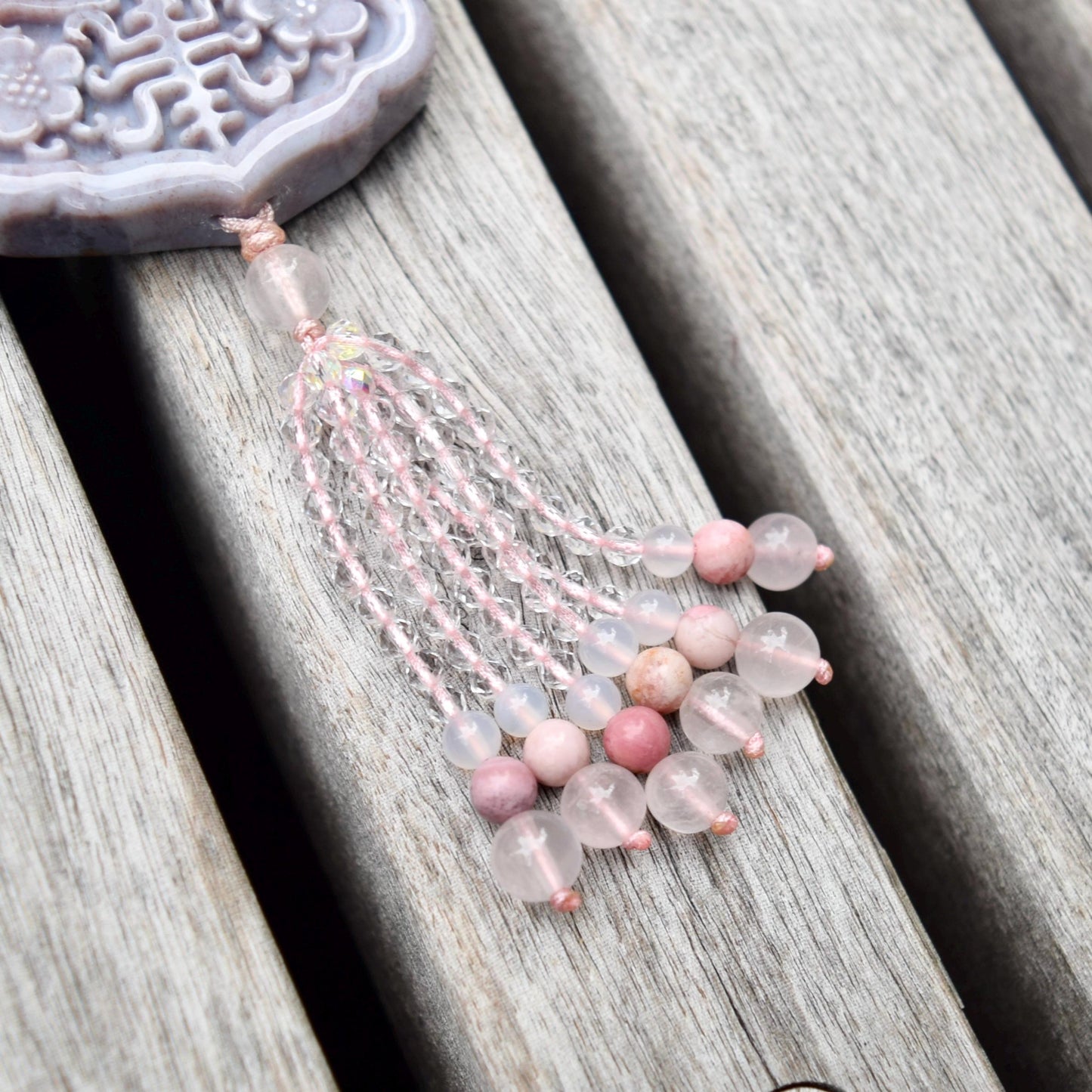 Purple Ocean Jasper Flora Lock Pendant - Rose Quartz Long Necklace