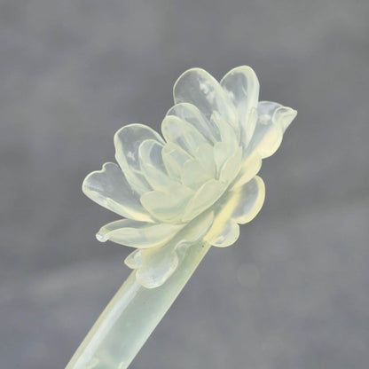 Green Icy Peony Carved Hairpin - Serpentine Jade Hair Stick