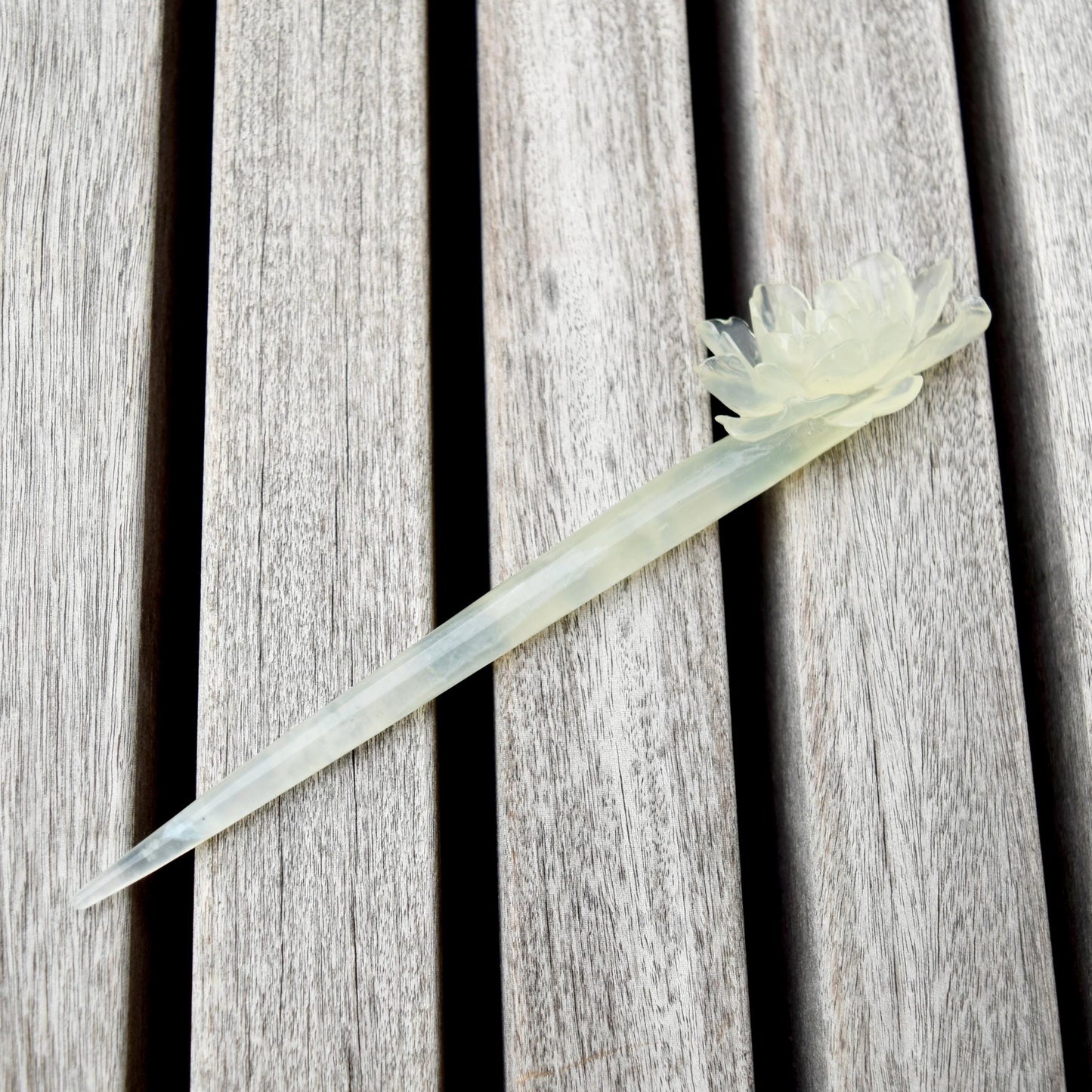 Green Icy Peony Carved Hairpin - Serpentine Jade Hair Stick