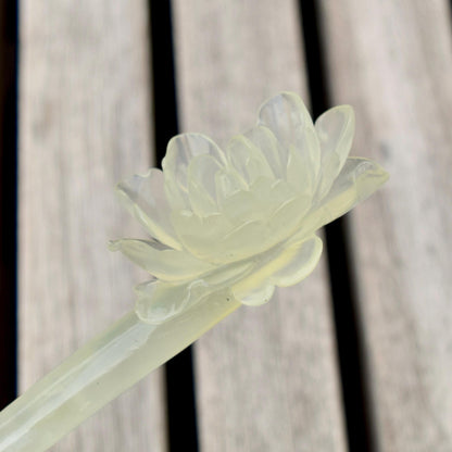 Green Icy Peony Carved Hairpin - Serpentine Jade Hair Stick