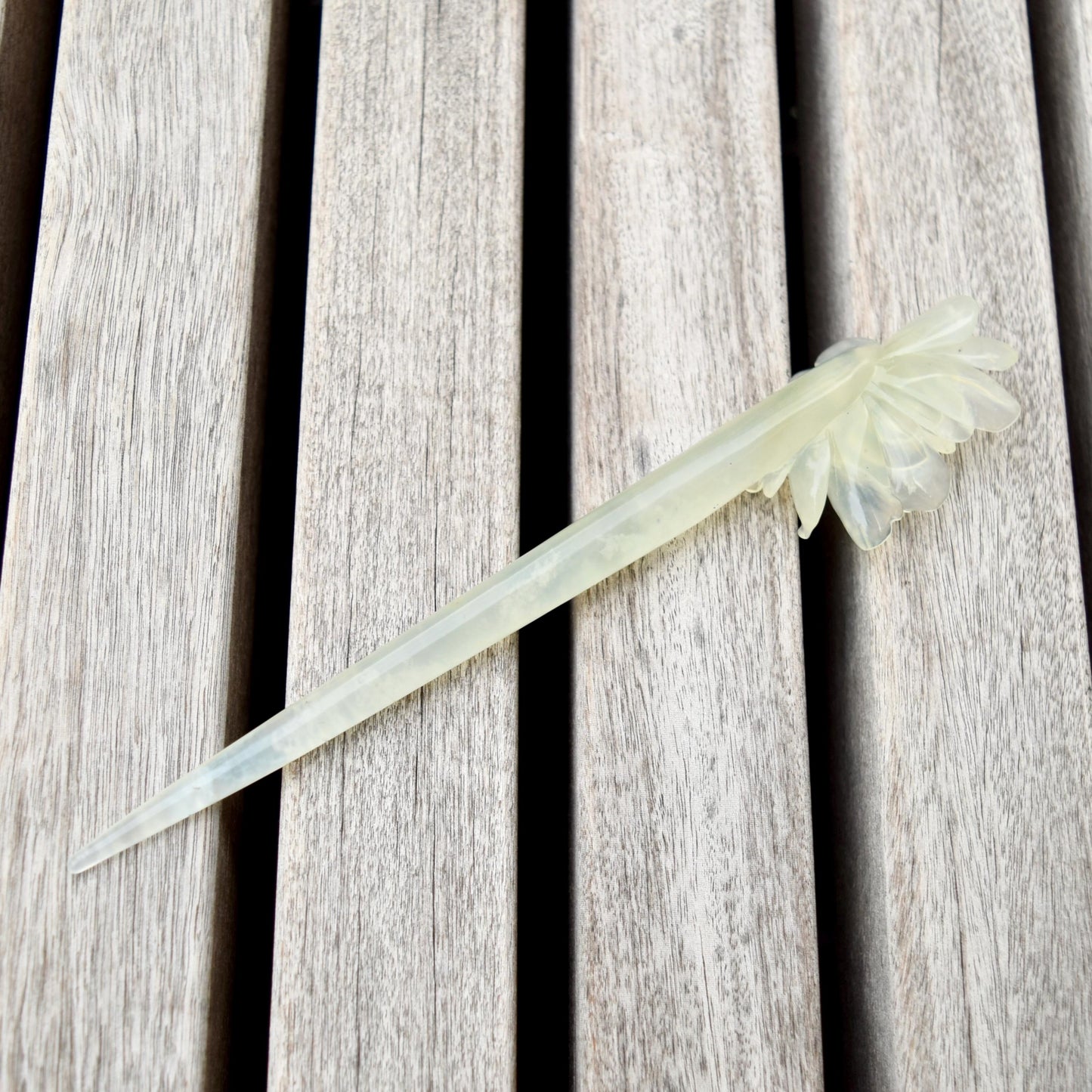 Green Icy Peony Carved Hairpin - Serpentine Jade Hair Stick