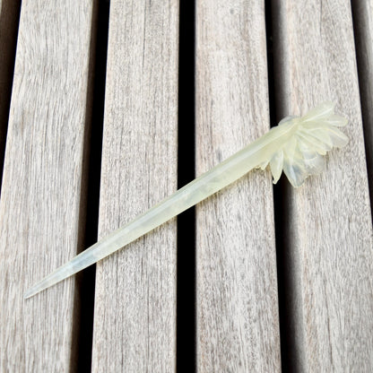 Green Icy Peony Carved Hairpin - Serpentine Jade Hair Stick