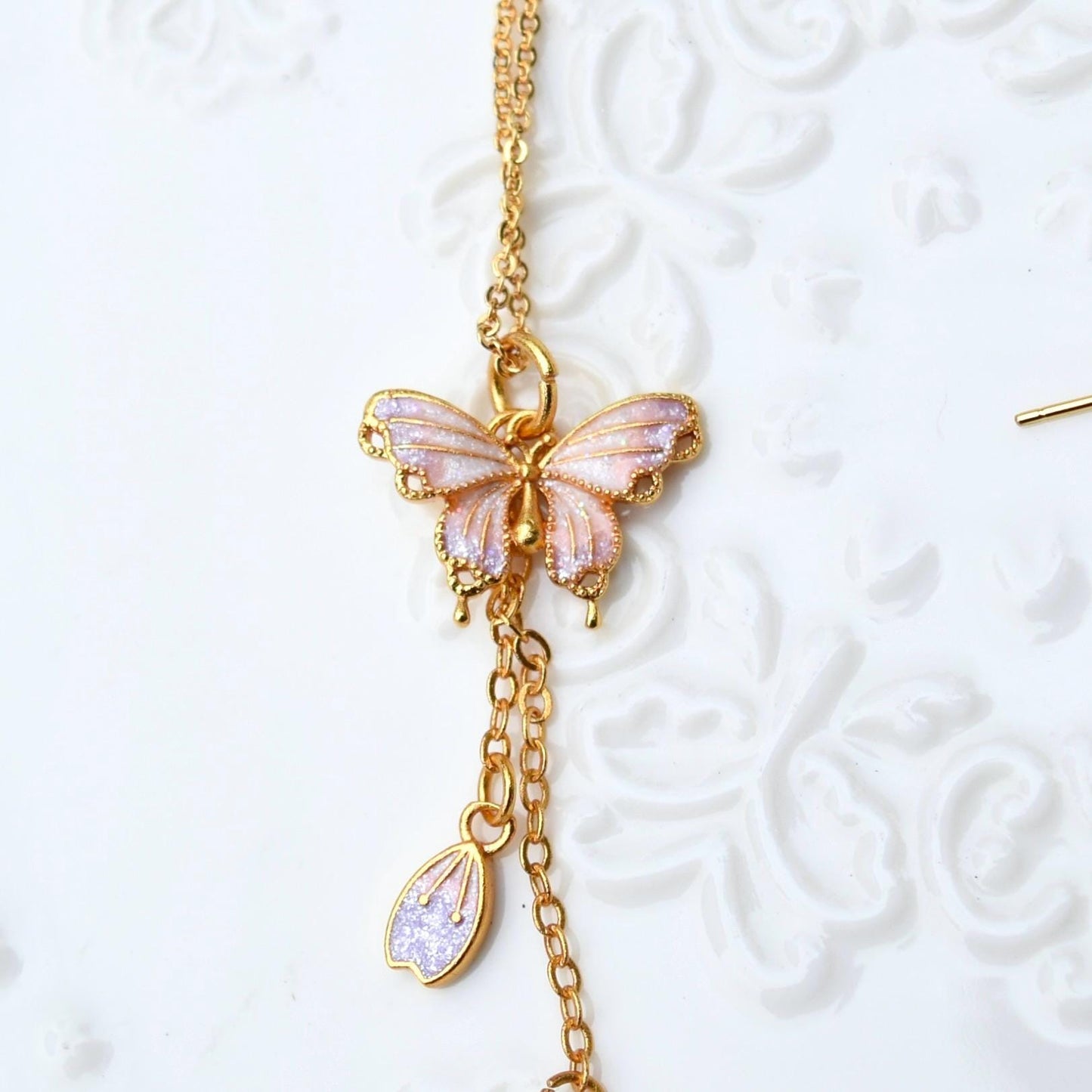Purple Enamel Butterfly Sakura Charms Necklace - Vintage Style