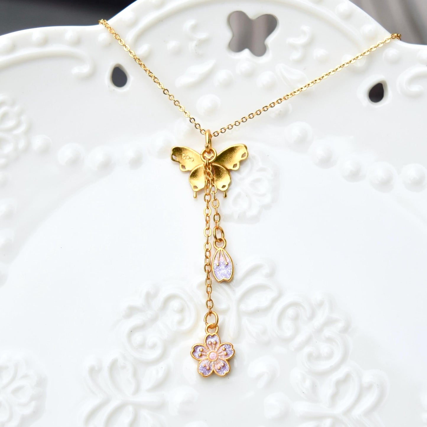 Purple Enamel Butterfly Sakura Charms Necklace - Vintage Style