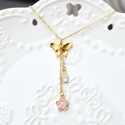 Purple Enamel Butterfly Sakura Charms Necklace - Vintage Style