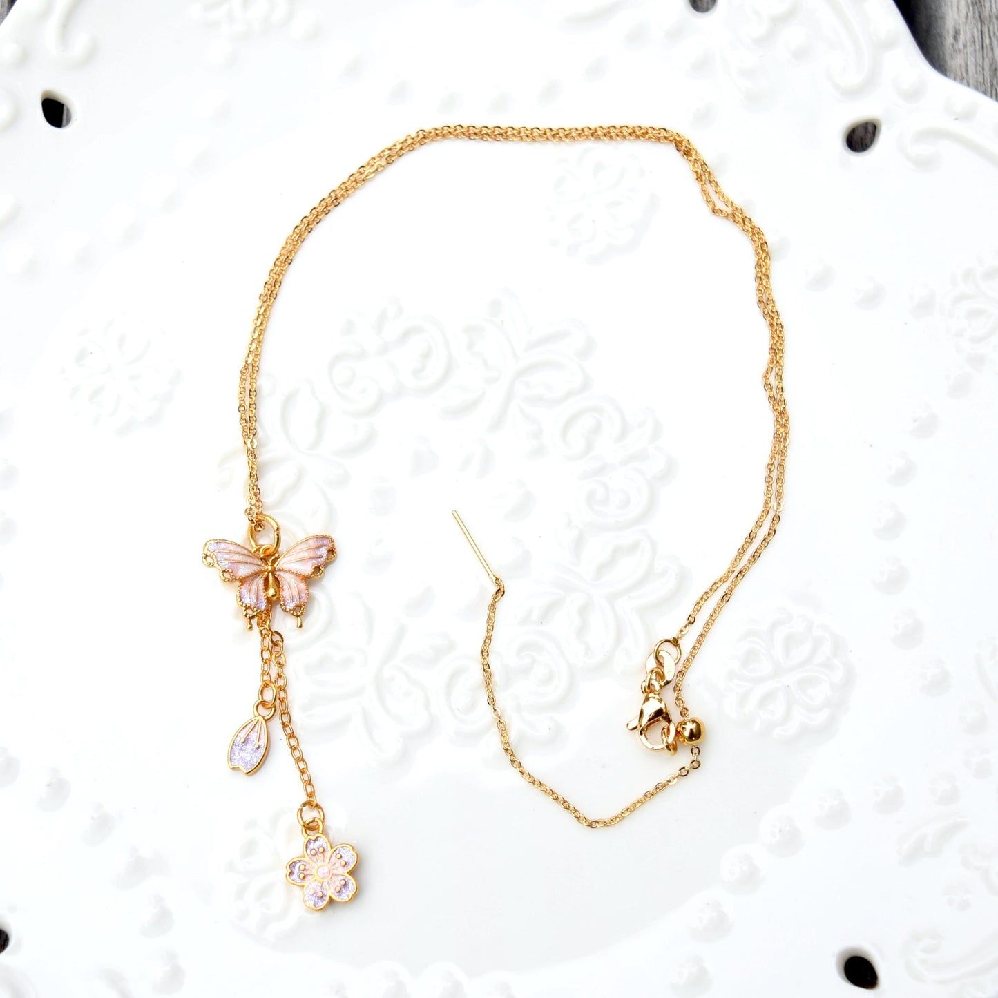 Purple Enamel Butterfly Sakura Charms Necklace - Vintage Style