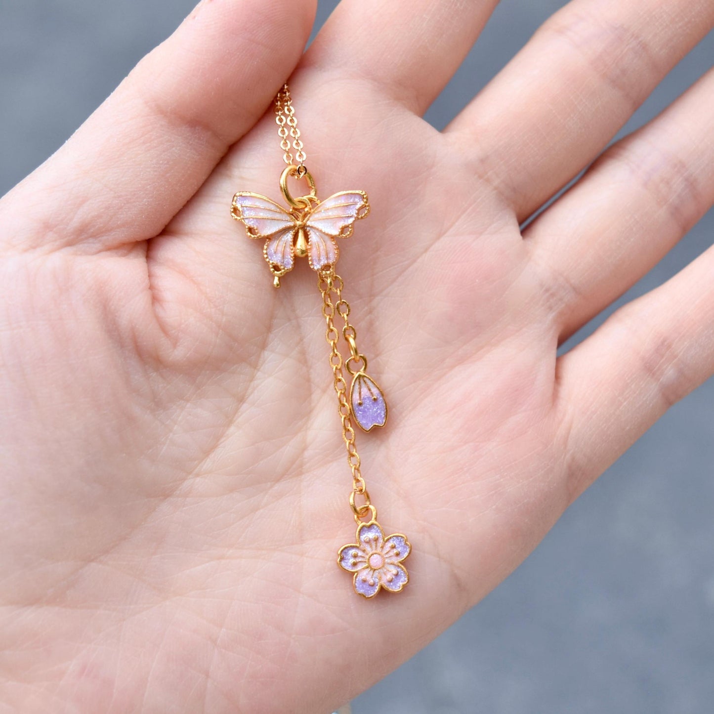 Purple Enamel Butterfly Sakura Charms Necklace - Vintage Style