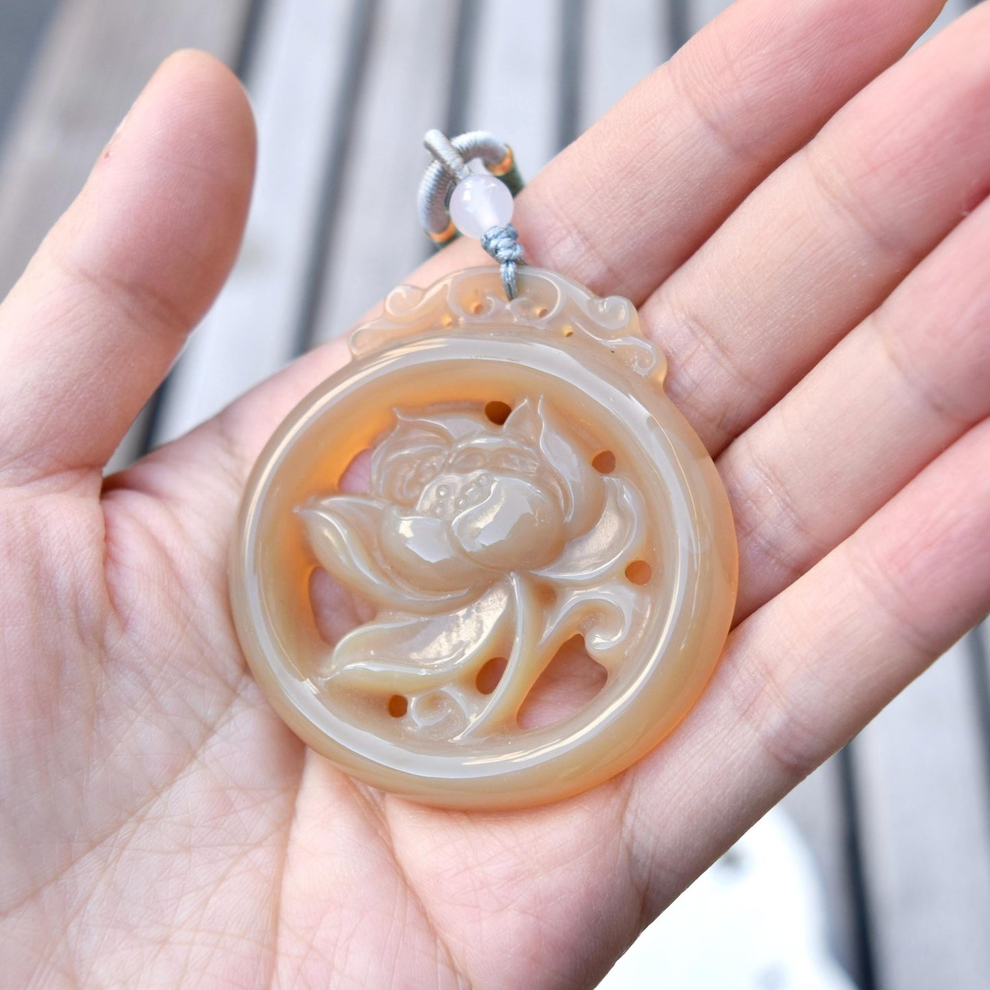 Brown Agate Lotus Necklace - Flower Pendant Braided Necklace