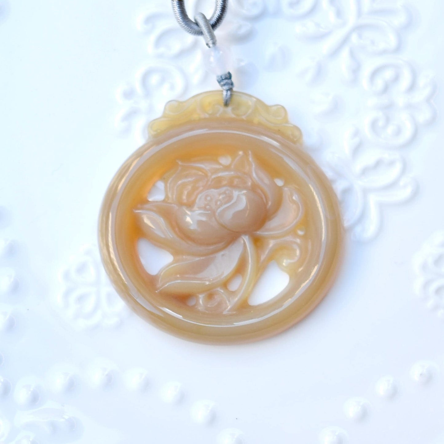 Brown Agate Lotus Necklace - Flower Pendant Braided Necklace