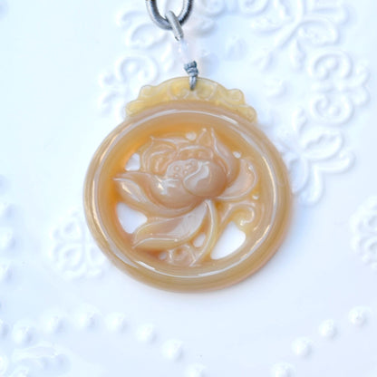 Brown Agate Lotus Necklace - Flower Pendant Braided Necklace