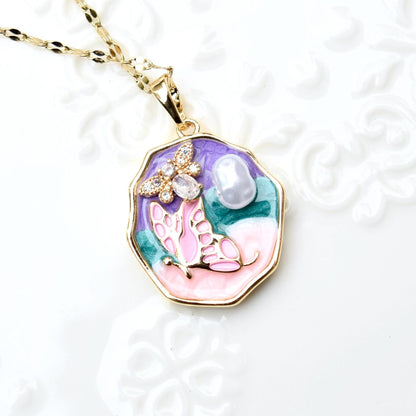 Enamel Pearl Butterfly Flora Charm Necklace - Vintage Style