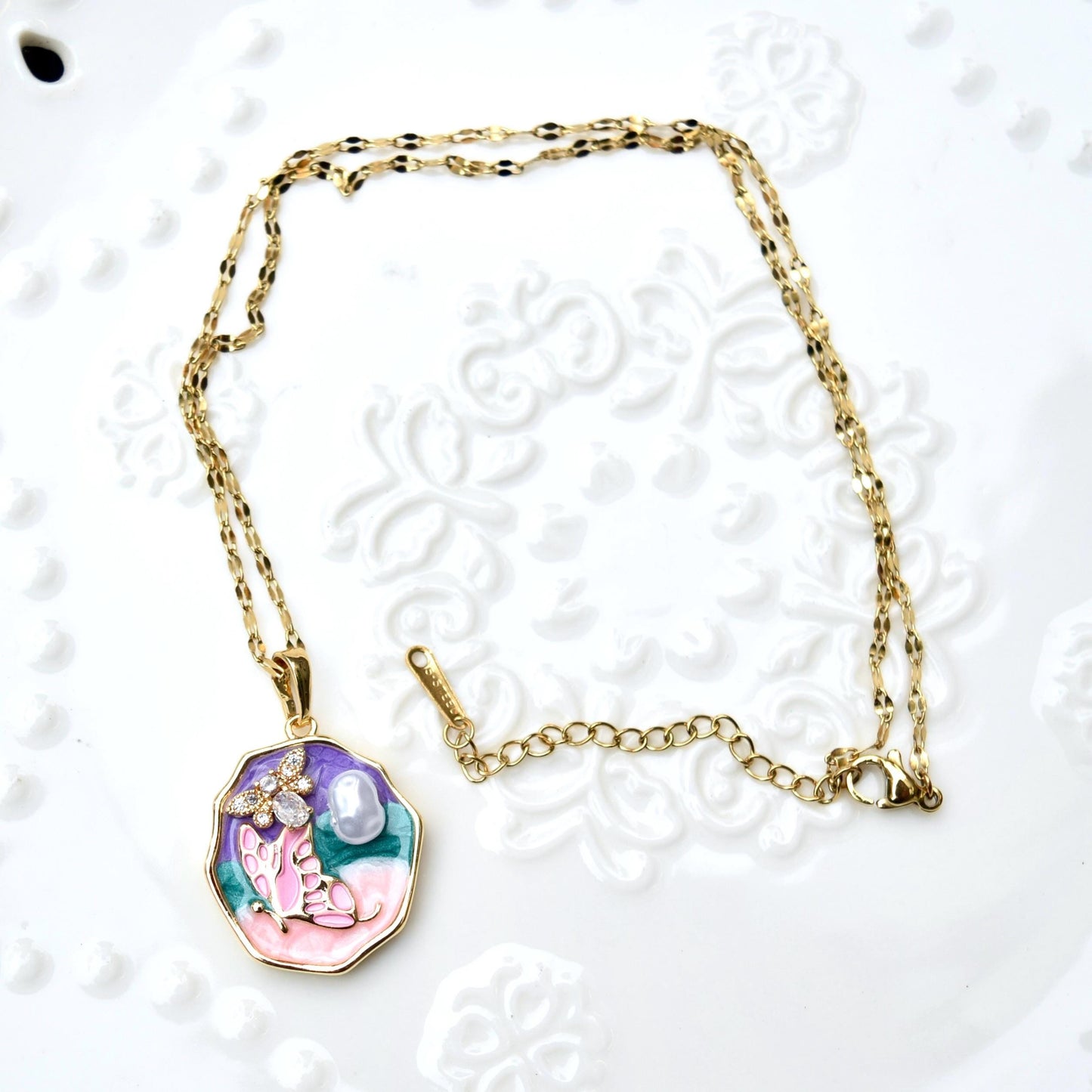 Enamel Pearl Butterfly Flora Charm Necklace - Vintage Style