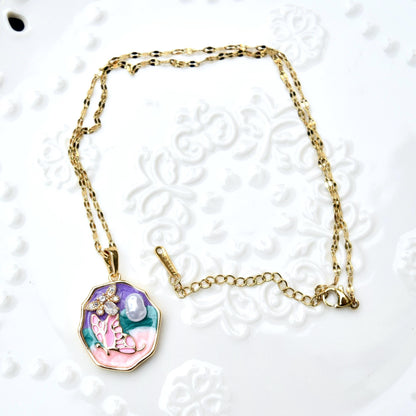 Enamel Pearl Butterfly Flora Charm Necklace - Vintage Style