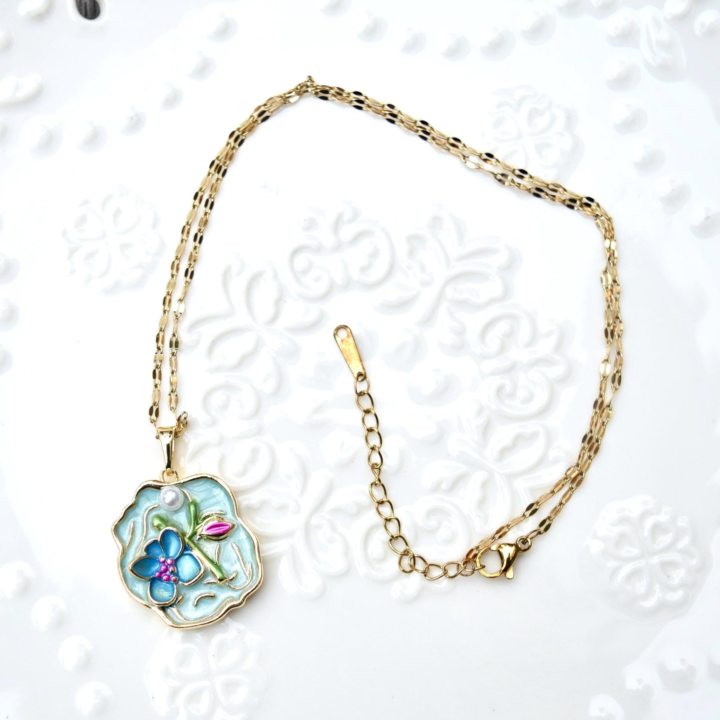 Enamel Pearl Butterfly Flora Charm Necklace - Vintage Style