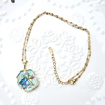 Enamel Pearl Butterfly Flora Charm Necklace - Vintage Style
