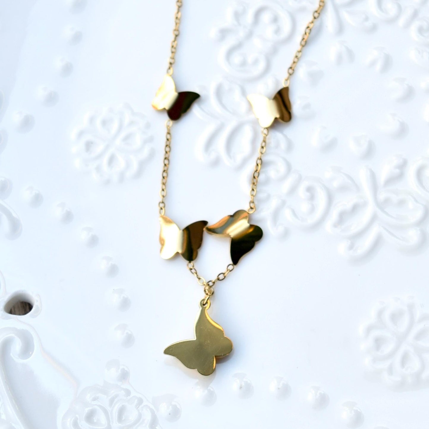 Matte Golden Butterfly Jewelry Set - Stainless Steel Necklace Bracelet
