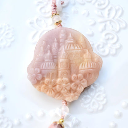 Pink Jade Dragon Castle Bag Charm Keychain - Tassel Hanging Ornament