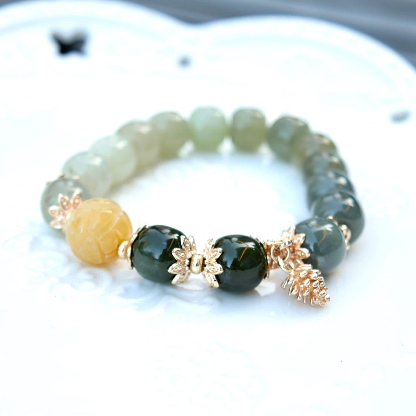 Green Yellow Lotus Jade Beaded Bracelet