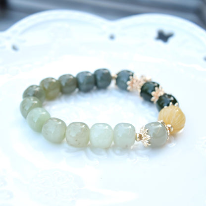 Green Yellow Lotus Jade Beaded Bracelet