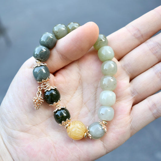 Green Yellow Lotus Jade Beaded Bracelet