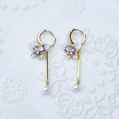 Purple Enamel Butterfly Tassel  Earrings