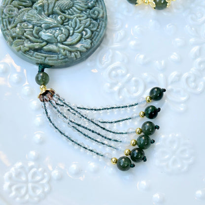 Phoenix Through Peony 鳳穿牡丹 Pendant Tassel Necklace - Green Quartz Necklace