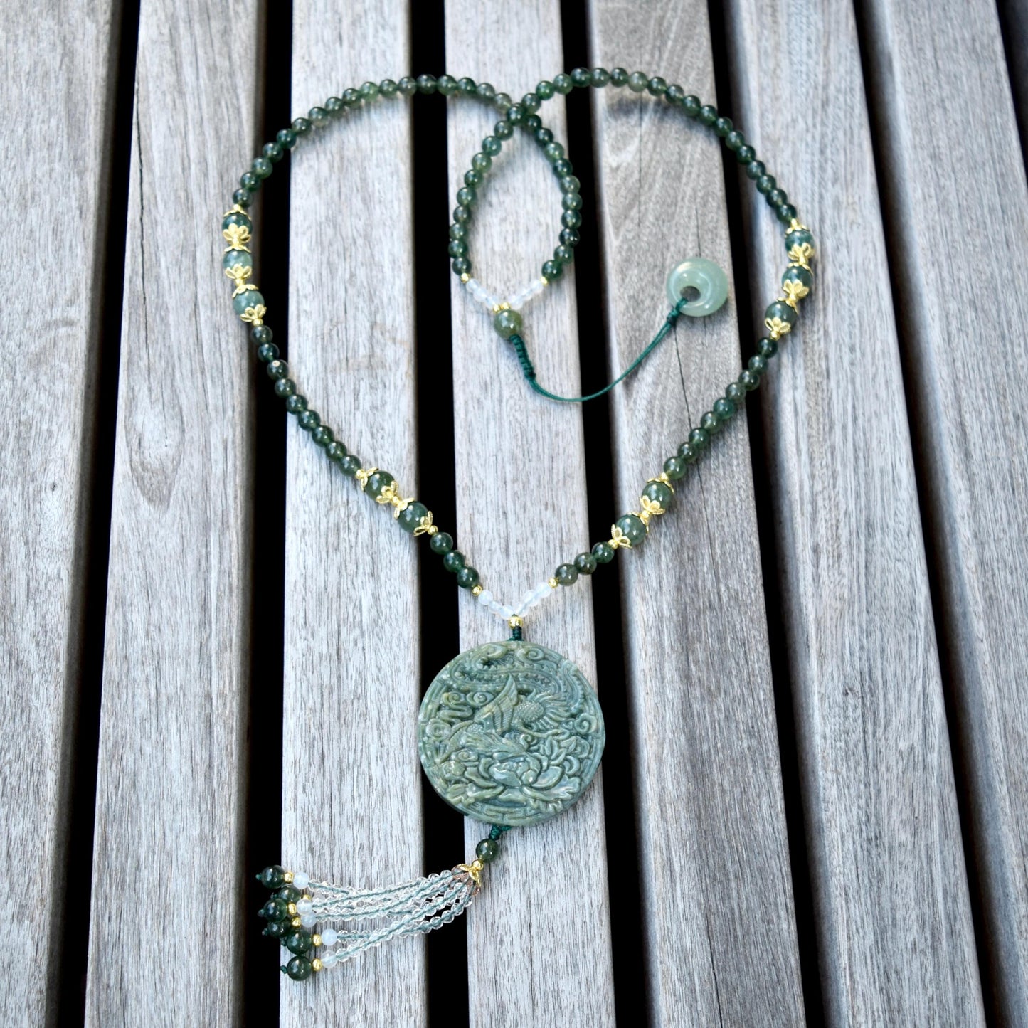 Phoenix Through Peony 鳳穿牡丹 Pendant Tassel Necklace - Green Quartz Necklace