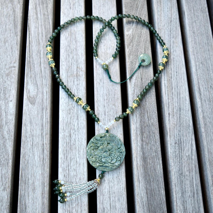 Phoenix Through Peony 鳳穿牡丹 Pendant Tassel Necklace - Green Quartz Necklace