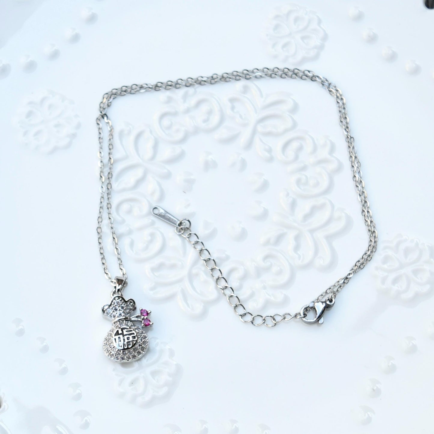Chinese Fortune Charm Necklace - Rabbit Panda Gourd Pocket Style - Stainless Steel Necklace