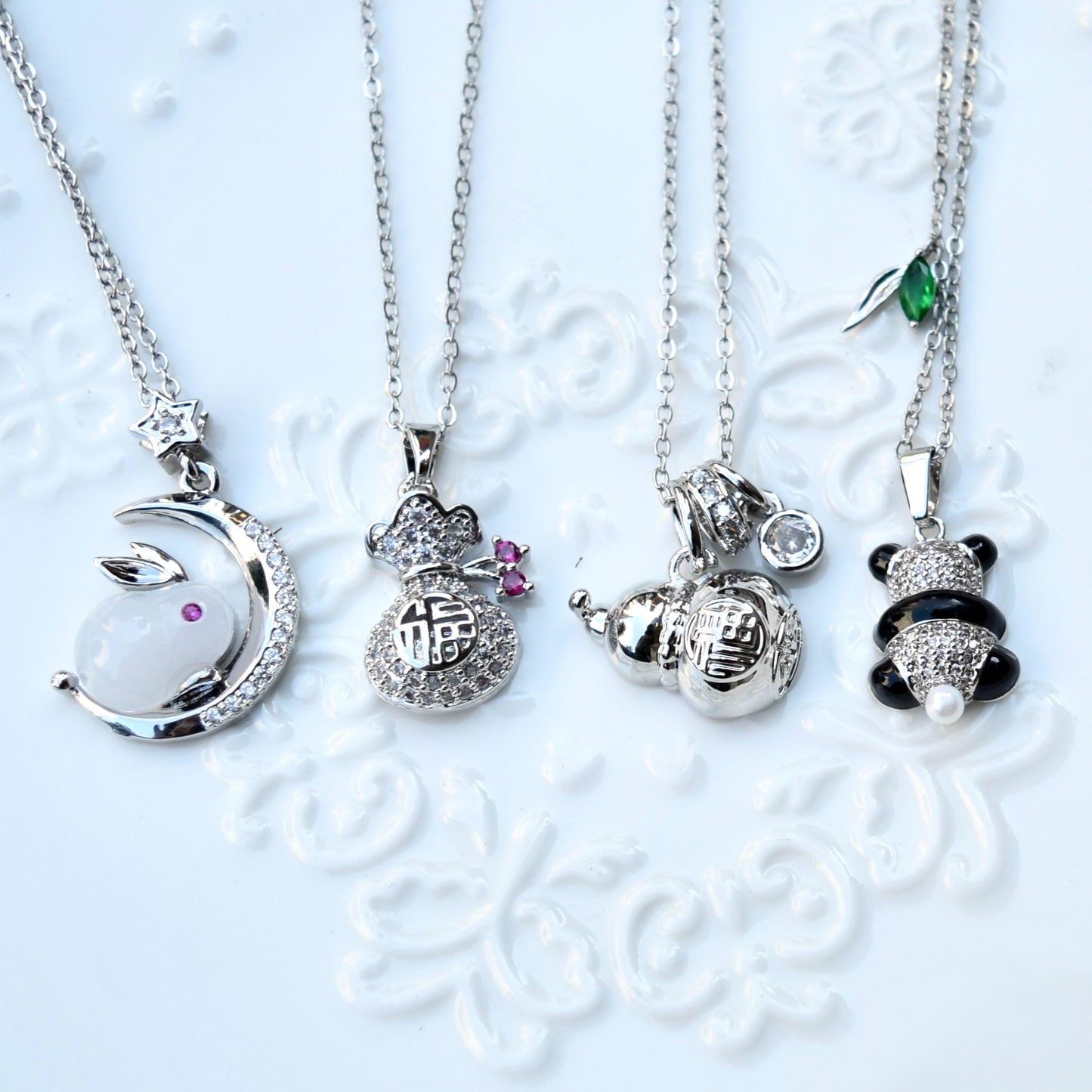 Chinese Fortune Charm Necklace - Rabbit Panda Gourd Pocket Style - Stainless Steel Necklace