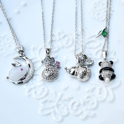 Chinese Fortune Charm Necklace - Rabbit Panda Gourd Pocket Style - Stainless Steel Necklace