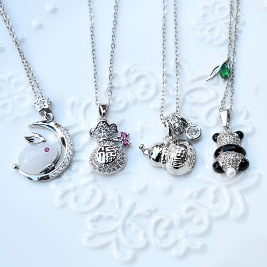 Chinese Fortune Charm Necklace - Rabbit Panda Gourd Pocket Style - Stainless Steel Necklace