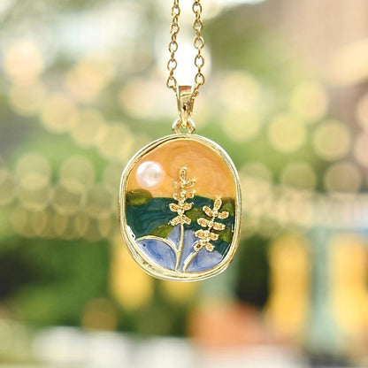 Enamel Pearl Wheat Lotus Charm Necklace - Vintage Style