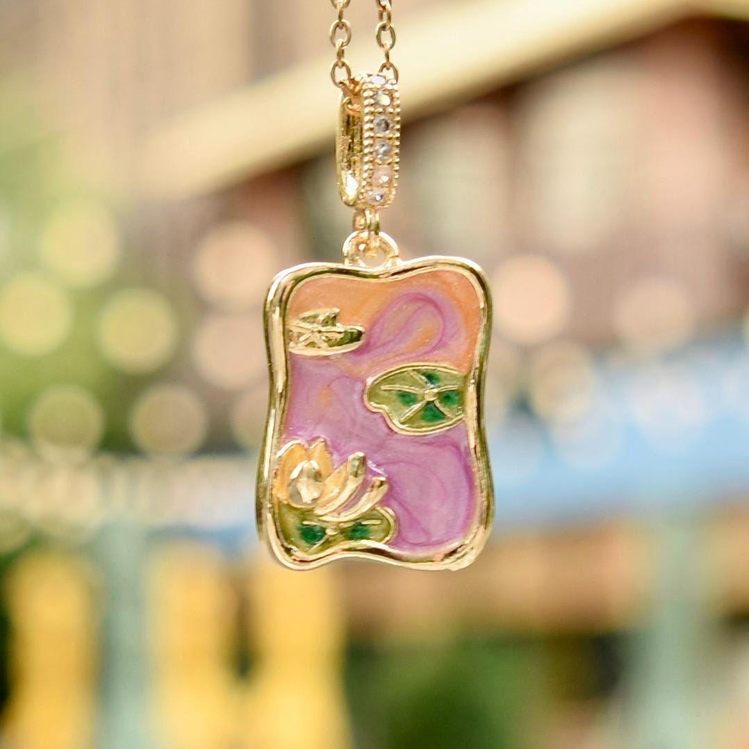 Enamel Pearl Wheat Lotus Charm Necklace - Vintage Style