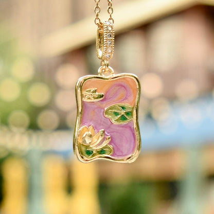 Enamel Pearl Wheat Lotus Charm Necklace - Vintage Style