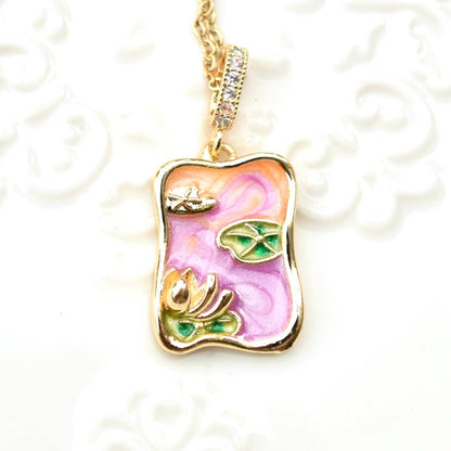 Enamel Pearl Wheat Lotus Charm Necklace - Vintage Style