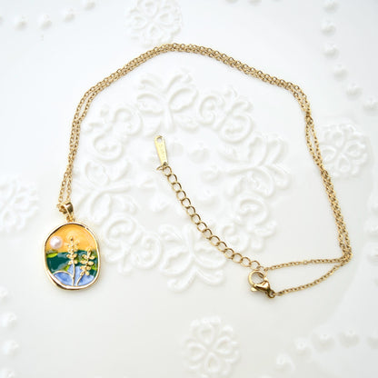 Enamel Pearl Wheat Lotus Charm Necklace - Vintage Style