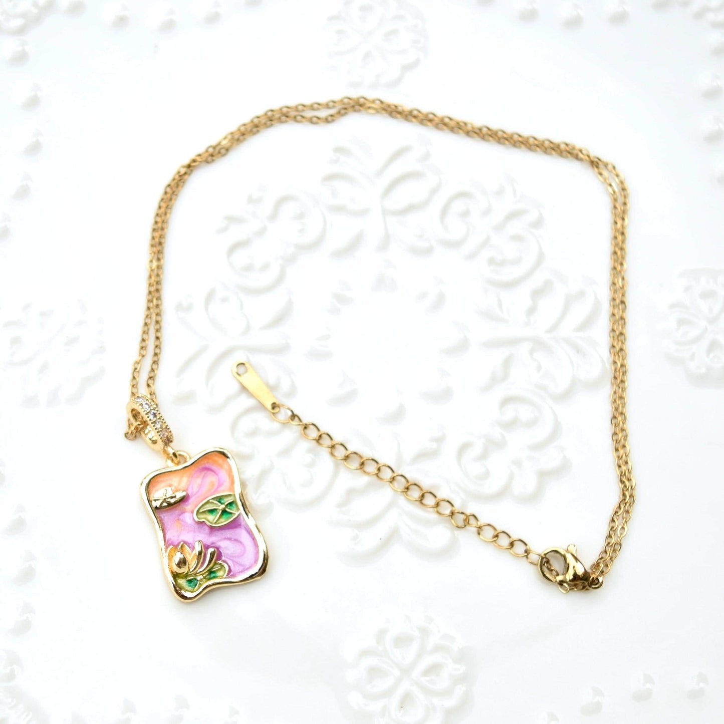 Enamel Pearl Wheat Lotus Charm Necklace - Vintage Style