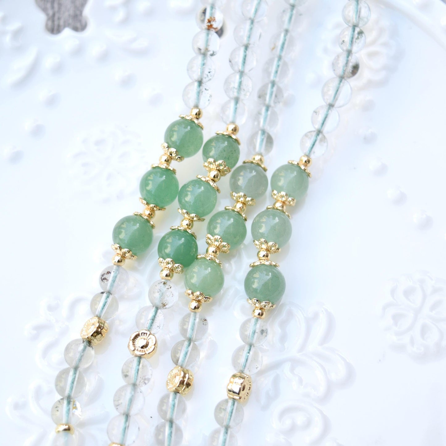 Couple Birds Pendant Necklace - Green Aventurine Clear Quartz Beaded